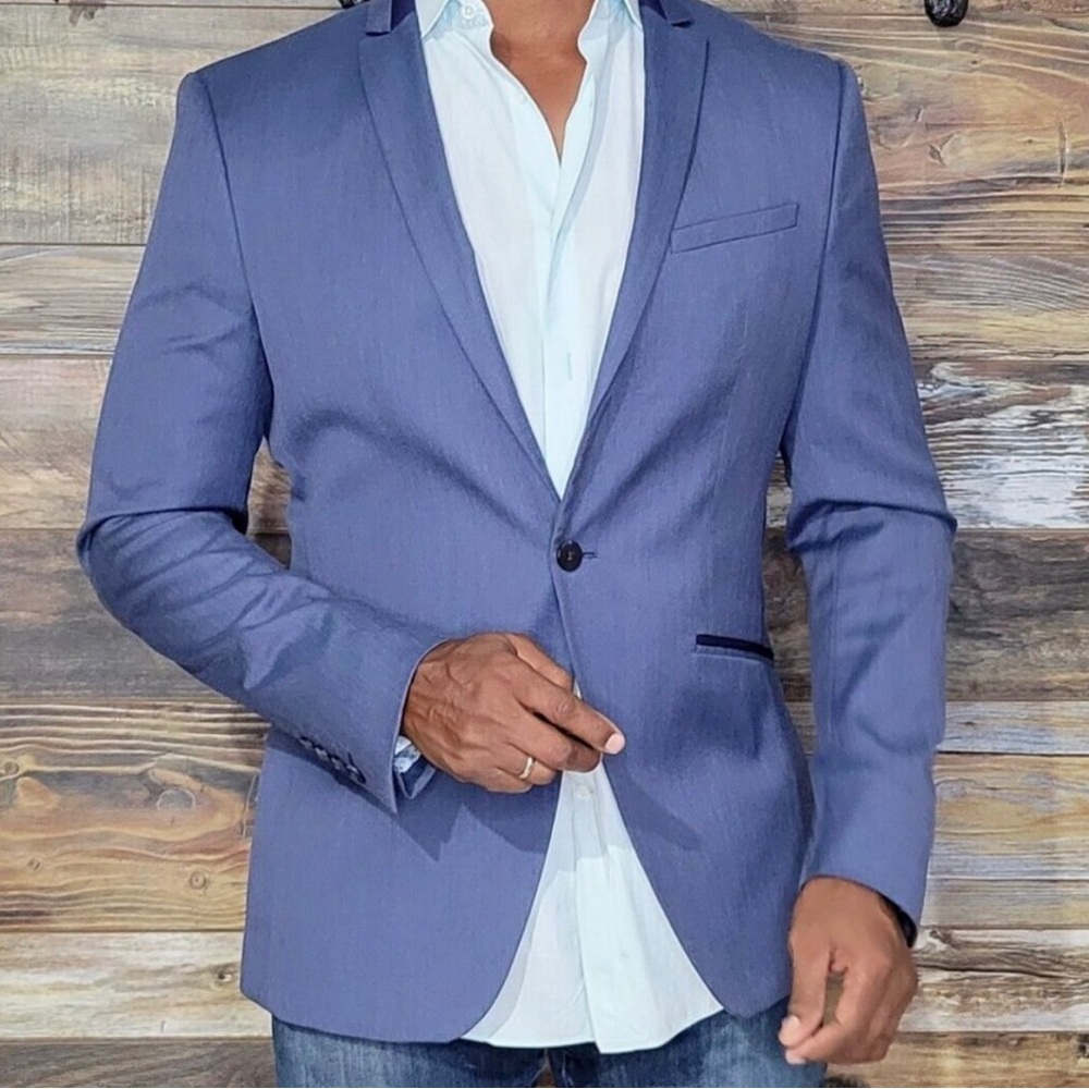 Zara Man 1-Button Dual Vent Blue Slant Pockets Thin Lapel Blazer Jacket 42R